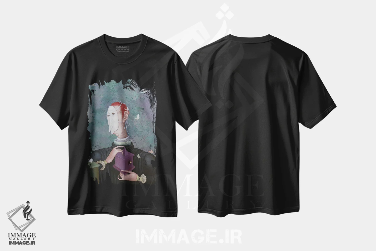 تیشرت مشکی طرح دار دلدادهٔ پروانه، هنر فاخر معاصر اثر اوگنیا سارِه | immage.ir