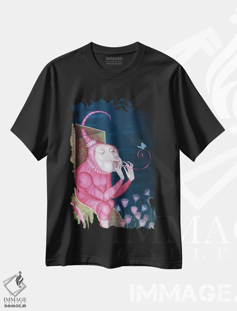 تیشرت مشکی طرح دار دمنده، هنر فاخر معاصر اثر اوگنیا سارِه | فروشگاه ایماژ