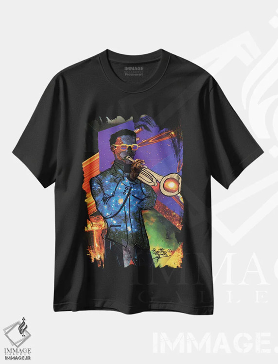 تیشرت مشکی طرح دار شیپورچی کیهانی، هنر آمریکایی آفریقایی تبار اثر اورِت اسپرویل | فروشگاه ایماژ