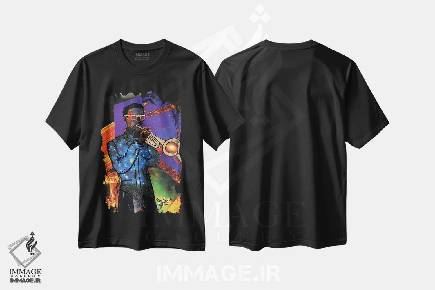 تیشرت مشکی طرح دار شیپورچی کیهانی، هنر آمریکایی آفریقایی تبار اثر اورِت اسپرویل | فروشگاه ایماژ