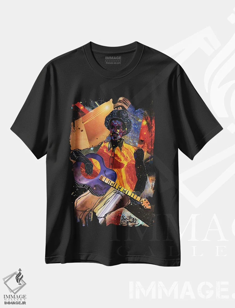 تیشرت مشکی طرح دار گیتاریست کهکشانی، هنر آمریکایی آفریقایی تبار اثر اورِت اسپرویل | immage.ir
