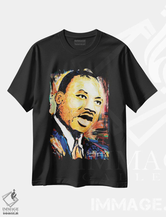 تیشرت مشکی طرح دار دکتر مارتین لوتر کینگ جونیور، هنر آمریکایی آفریقایی تبار اثر اورِت اسپرویل | فروشگاه ایماژ