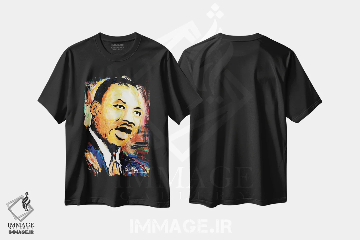 تیشرت مشکی طرح دار دکتر مارتین لوتر کینگ جونیور، هنر آمریکایی آفریقایی تبار اثر اورِت اسپرویل | فروشگاه ایماژ
