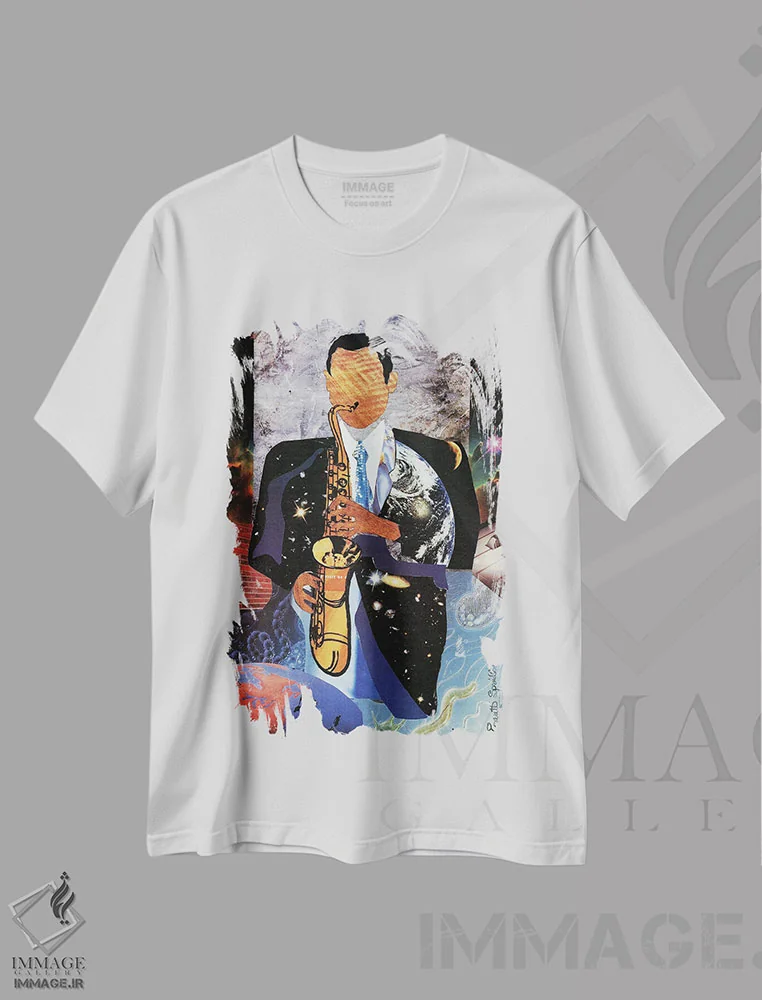 تیشرت سفید طرح دار ساکسوفن جهانی، هنر آمریکایی آفریقایی تبار اثر اورِت اسپرویل | immage.ir