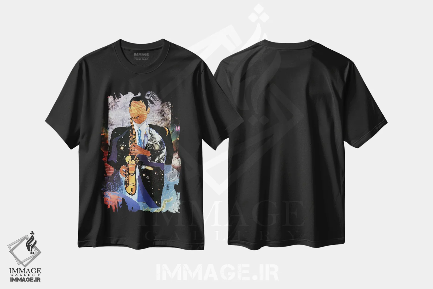 تیشرت مشکی طرح دار ساکسوفن جهانی، هنر آمریکایی آفریقایی تبار اثر اورِت اسپرویل | فروشگاه ایماژ