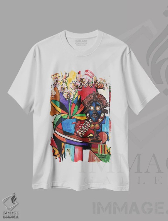 تیشرت سفید طرح دار طبیعت بی جان با ارکیده و آثار هنری آفریقایی، دکور آفریقایی اثر اورِت اسپرویل | immage.ir
