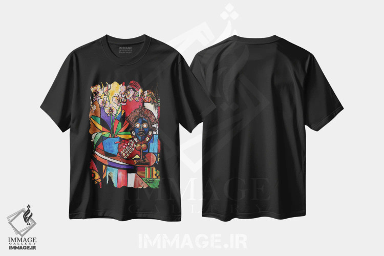 تیشرت مشکی طرح دار طبیعت بی جان با ارکیده و آثار هنری آفریقایی، دکور آفریقایی اثر اورِت اسپرویل | فروشگاه ایماژ