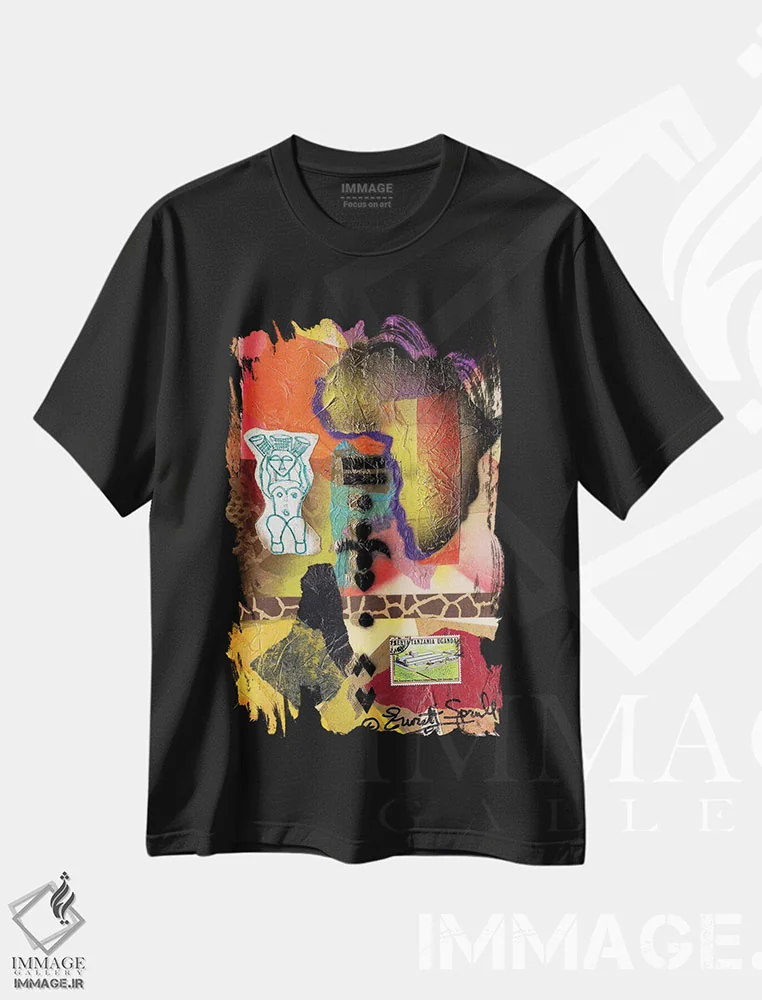 تیشرت مشکی طرح دار کلاژ آفریقایی، آبستره اثر اورِت اسپرویل | فروشگاه ایماژ