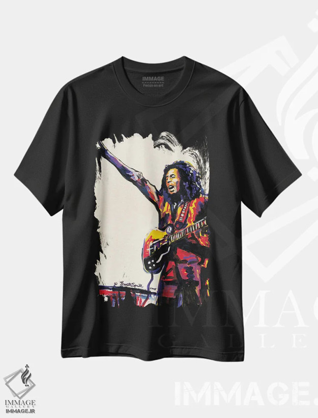 تیشرت مشکی طرح دار باب مارلی، هنر آمریکایی آفریقایی تبار اثر اورِت اسپرویل | فروشگاه ایماژ