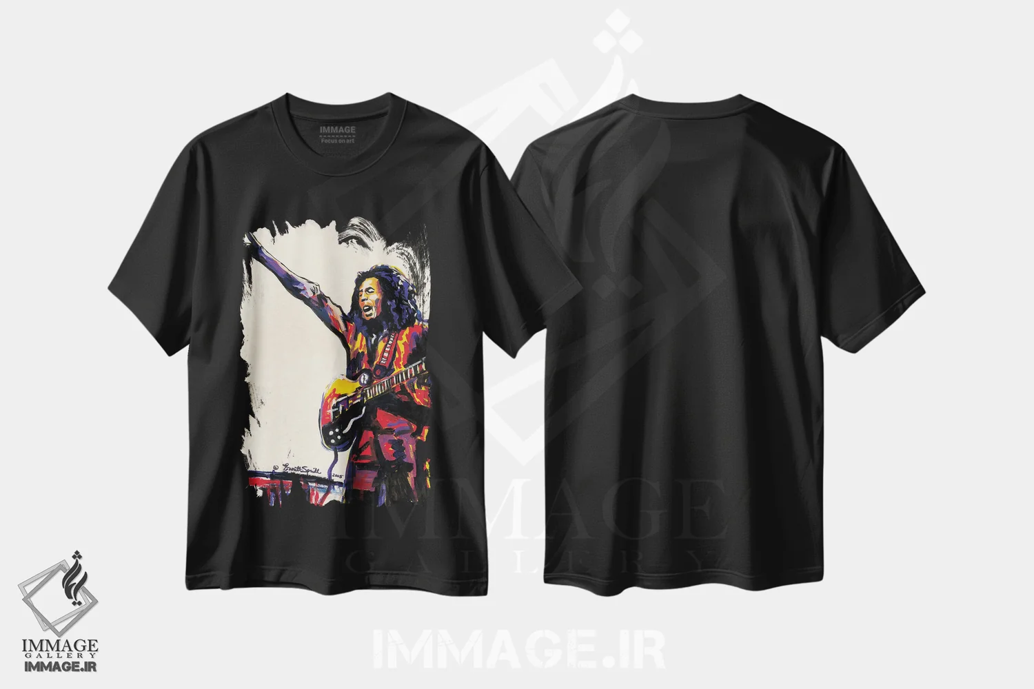تیشرت مشکی طرح دار باب مارلی، هنر آمریکایی آفریقایی تبار اثر اورِت اسپرویل | فروشگاه ایماژ