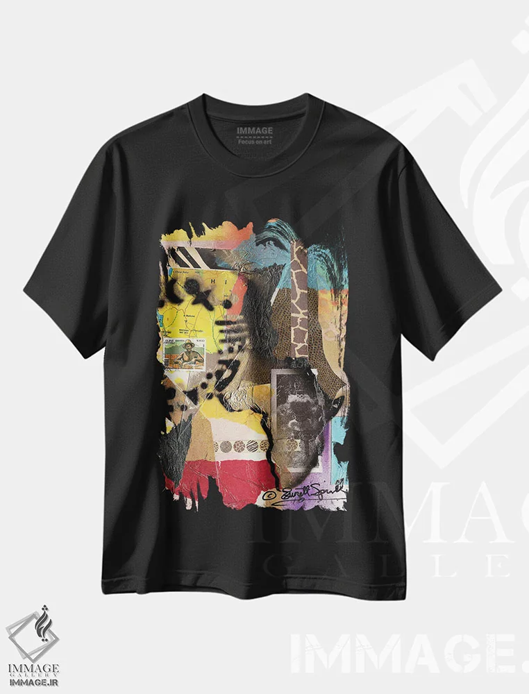 تیشرت مشکی طرح دار کلاژ آفریقایی اثر اورِت اسپرویل | فروشگاه ایماژ