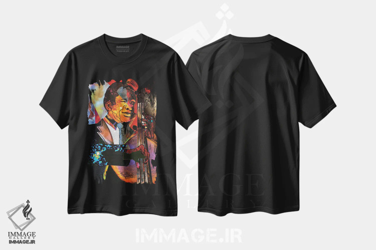 تیشرت مشکی طرح دار نوازنده بیس فضایی، هنر آمریکایی آفریقایی تبار اثر اورِت اسپرویل | فروشگاه ایماژ