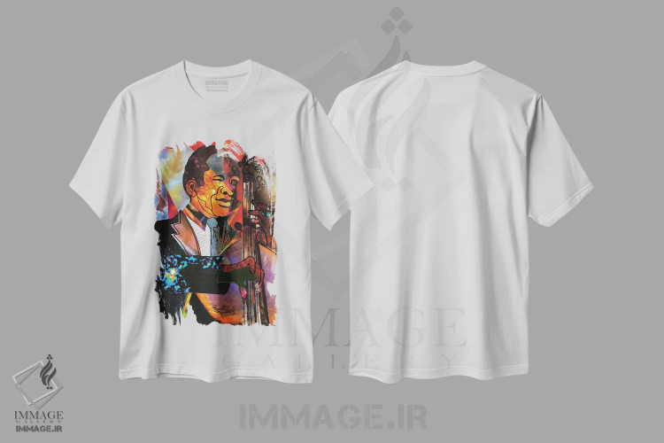 تیشرت سفید طرح دار نوازنده بیس فضایی، هنر آمریکایی آفریقایی تبار اثر اورِت اسپرویل | immage.ir