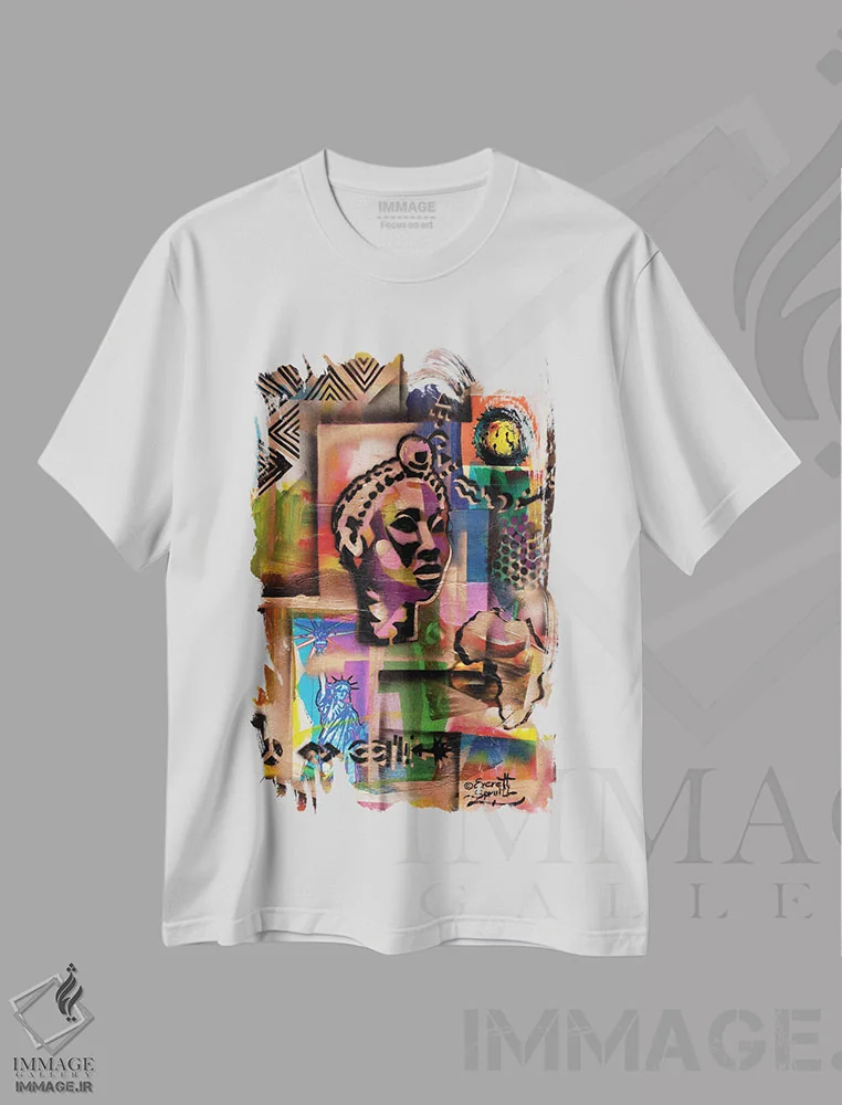 تیشرت سفید طرح دار ملکه مادر بنین، هنر آمریکایی آفریقایی تبار اثر اورِت اسپرویل | immage.ir