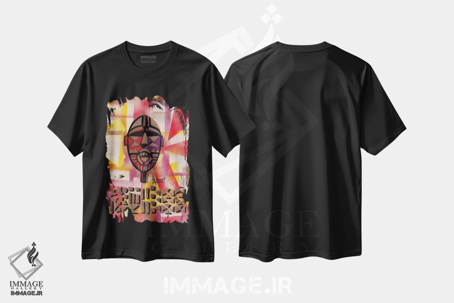 تیشرت مشکی طرح دار ماسک بوا از بورکینافاسو، هنر آمریکایی آفریقایی تبار اثر اورِت اسپرویل | immage.ir