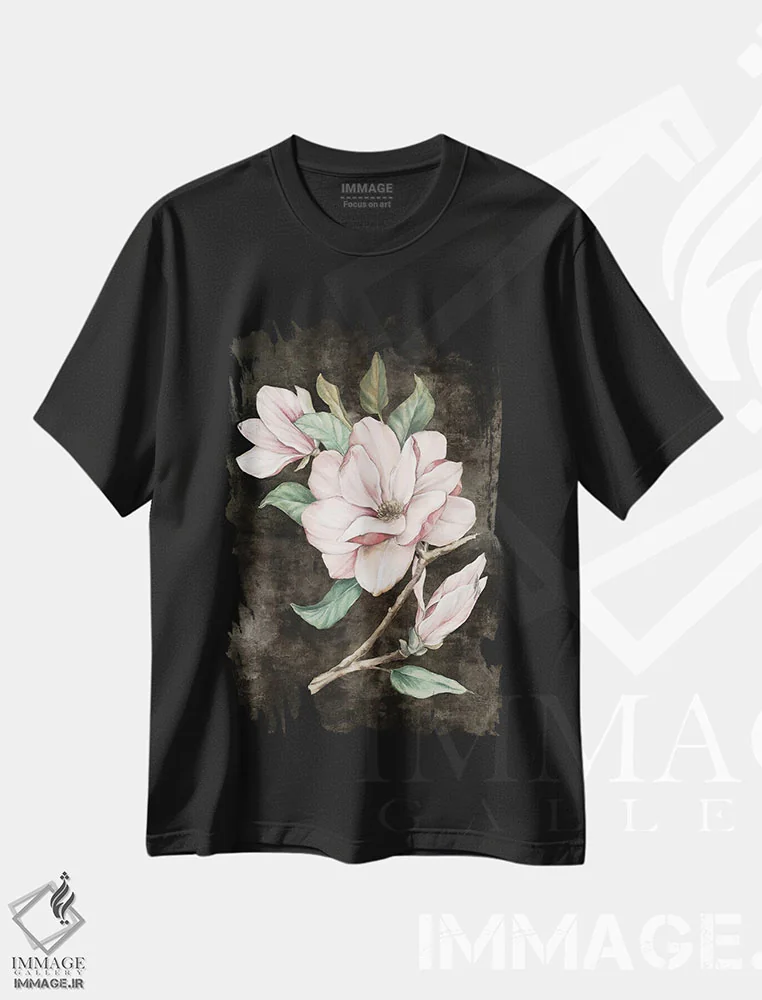 تیشرت مشکی طرح دار مگنولیا صورتی ۱، دکور بوهمی اثر اوا واتس | فروشگاه ایماژ