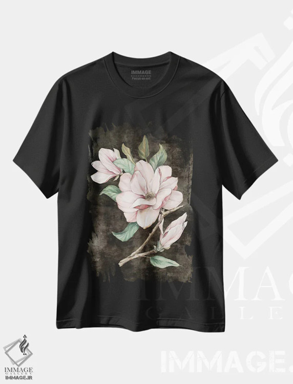 تیشرت مشکی طرح دار مگنولیا صورتی ۱، دکور بوهمی اثر اوا واتس | فروشگاه ایماژ