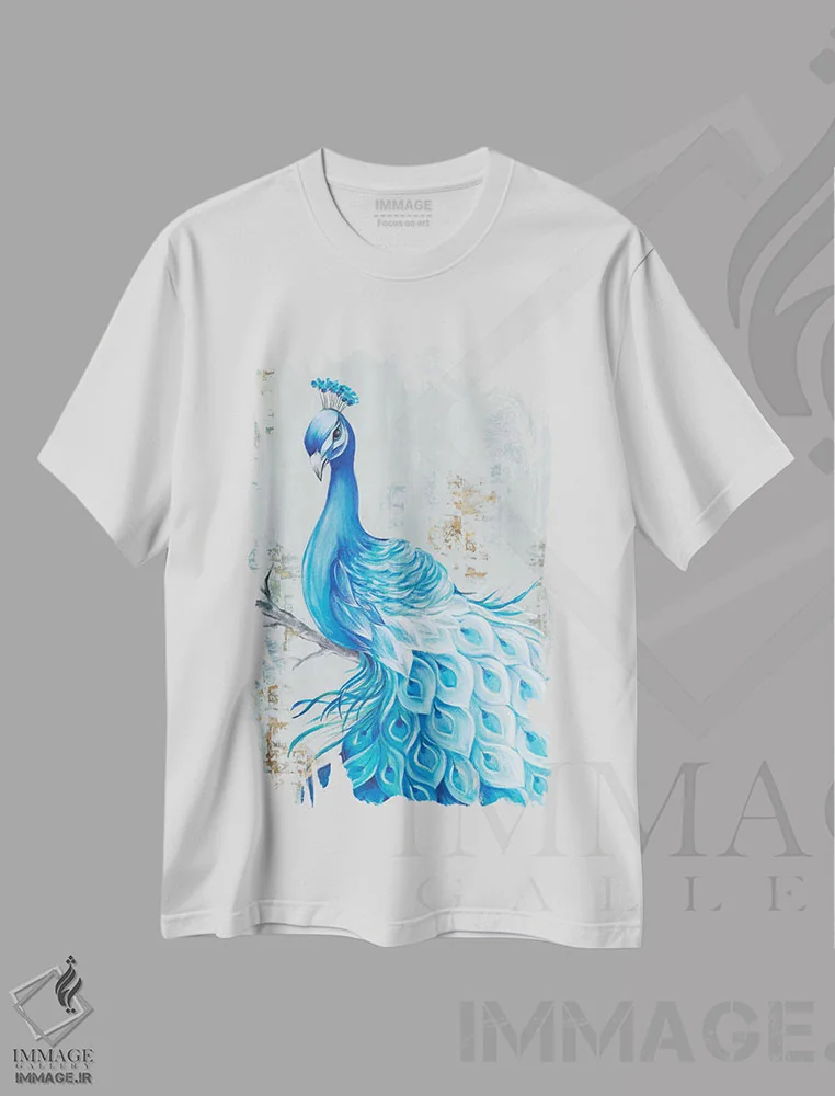 تیشرت سفید طرح دار بهشت طاووس ها، تزئینی اثر اوا واتس | فروشگاه ایماژ