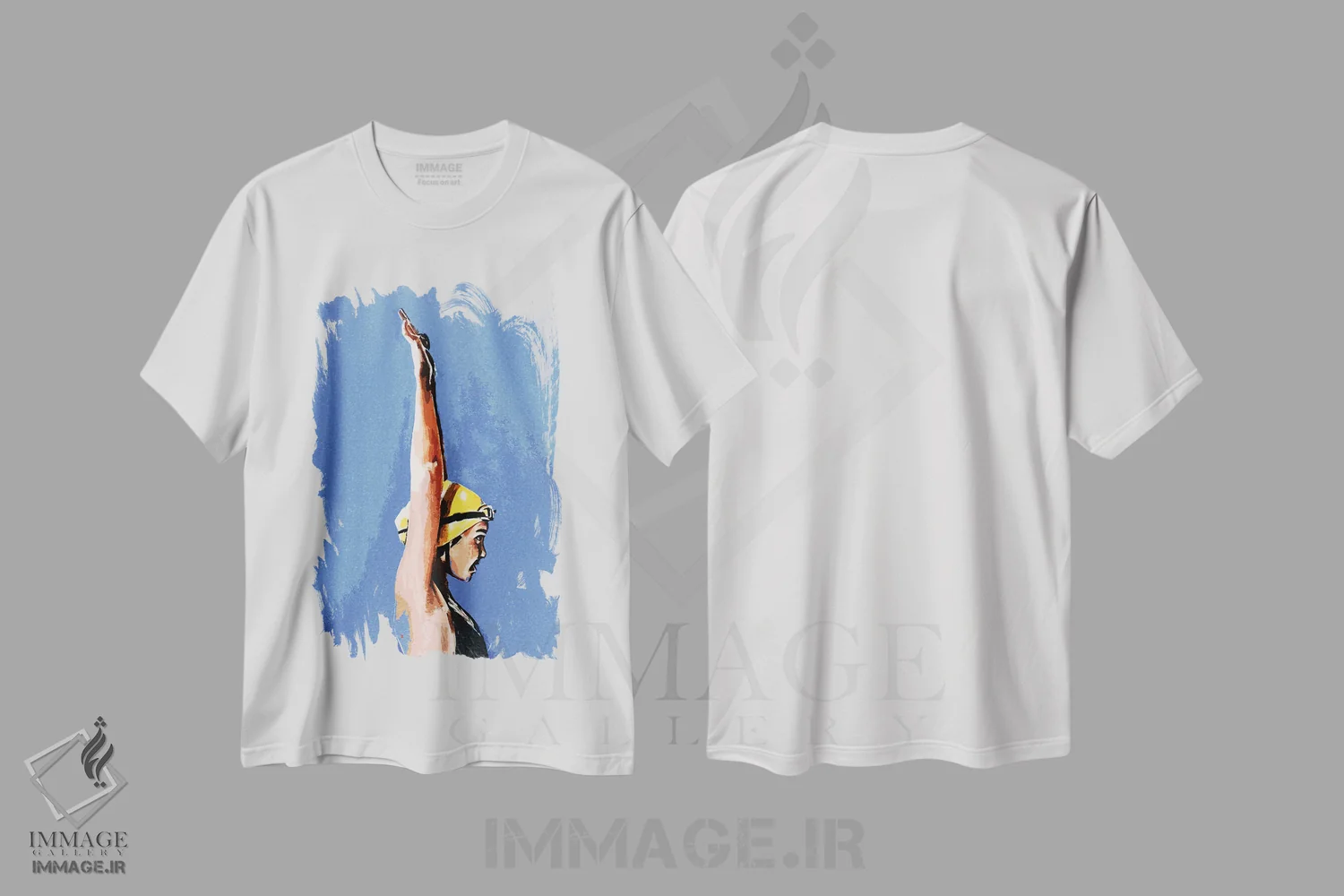 تیشرت سفید طرح دار شناگر در حال ورود، دکور معاصر اثر ادز واترکالرز | فروشگاه ایماژ