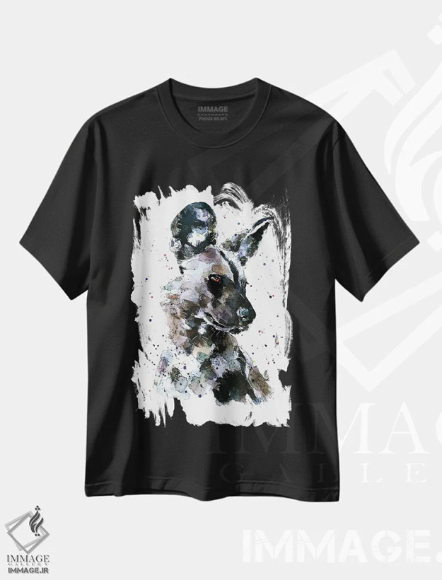 تیشرت مشکی طرح دار سگ وحشی آفریقایی پر زرق و برق، دکور معاصر اثر ادز واترکالرز | فروشگاه ایماژ