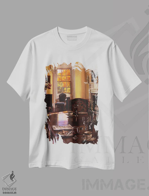 تیشرت سفید طرح دار میز پاییزی، هنر فاخر معاصر اثر ایوان ویلسون | immage.ir