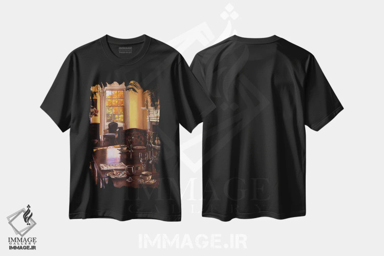 تیشرت مشکی طرح دار میز پاییزی، هنر فاخر معاصر اثر ایوان ویلسون | فروشگاه ایماژ