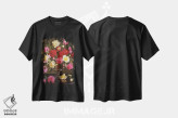 تیشرت مشکی طرح دار گل های صدتومانی رنگی در گلدان نقره ای، هنر فاخر معاصر اثر ایوان ویلسون | فروشگاه ایماژ