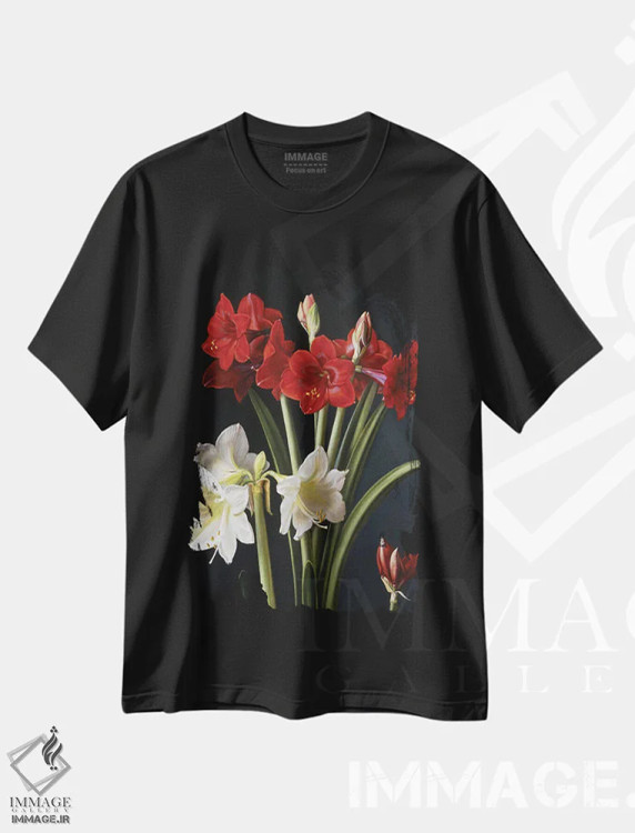 تیشرت مشکی طرح دار آماریلیس، هنر فاخر معاصر اثر ایوان ویلسون | فروشگاه ایماژ