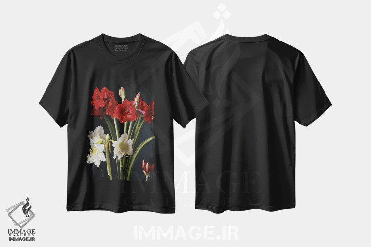 تیشرت مشکی طرح دار آماریلیس، هنر فاخر معاصر اثر ایوان ویلسون | فروشگاه ایماژ