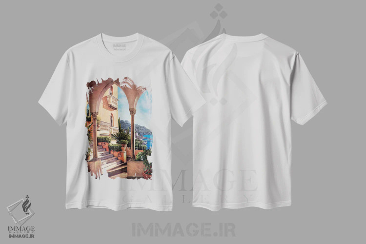 تیشرت سفید طرح دار پالازو در آمالفی، دکور معاصر اثر الیزابت رایت | فروشگاه ایماژ