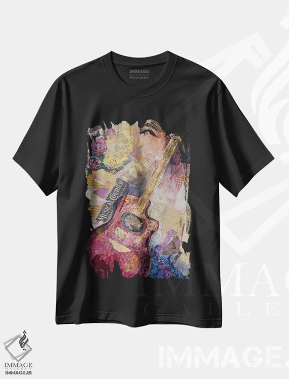 تیشرت مشکی طرح دار گیتار قرمز، دکور معاصر اثر الیری ریـدال | فروشگاه ایماژ