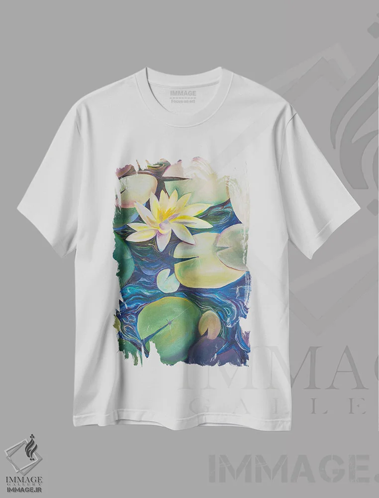 تیشرت سفید طرح دار آرامش بر جریان آب، دکور معاصر اثر الیری ریـدال | فروشگاه ایماژ