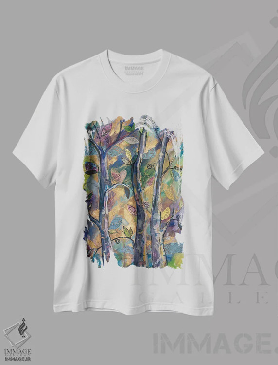 تیشرت سفید طرح دار سه دوست درختی، دکور معاصر اثر الیری ریـدال | فروشگاه ایماژ