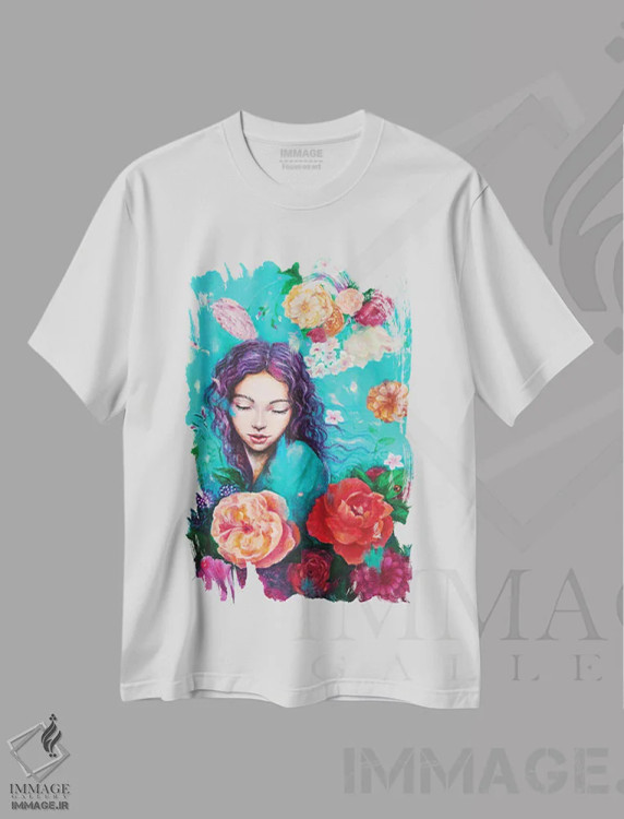 تیشرت سفید طرح دار گلبرگ های پرنده، مدیوم اثر یوری کیم | فروشگاه ایماژ