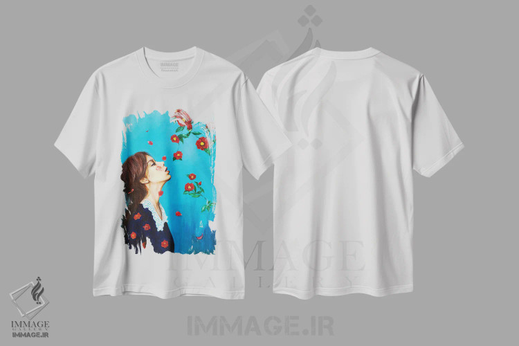 تیشرت سفید طرح دار دلتنگ خانه: کاملیا، هنر فاخر معاصر اثر یوری کیم | فروشگاه ایماژ