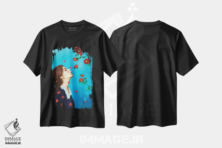 تیشرت مشکی طرح دار دلتنگ خانه: کاملیا، هنر فاخر معاصر اثر یوری کیم | immage.ir