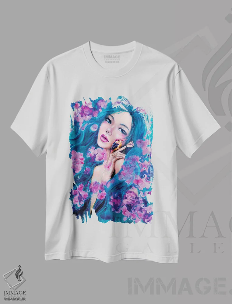 تیشرت سفید طرح دار عاشق: سبز، دکور آسیایی اثر یوری کیم | فروشگاه ایماژ