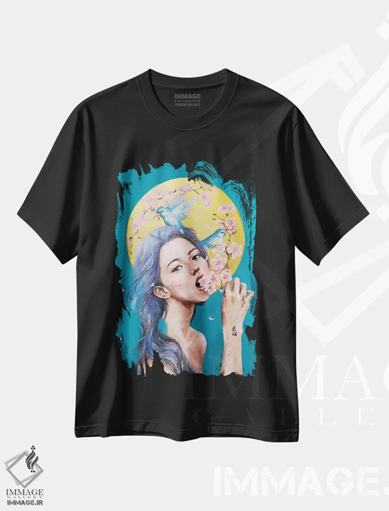 تیشرت مشکی طرح دار من گل می خورم، دکور آسیایی اثر یوری کیم | فروشگاه ایماژ