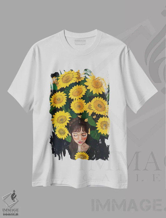 تیشرت سفید طرح دار دختر آفتابگردان، مدیوم اثر یوری کیم | فروشگاه ایماژ