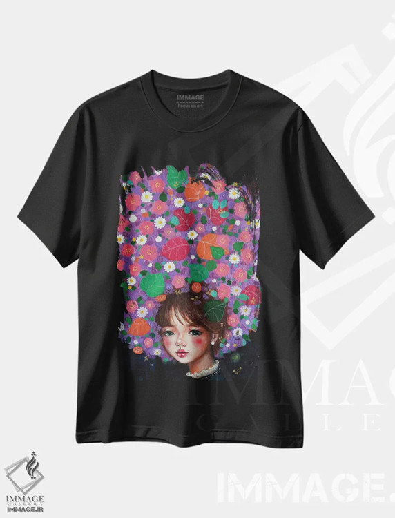 تیشرت مشکی طرح دار دختر گل وحشی، مدیوم اثر یوری کیم | فروشگاه ایماژ