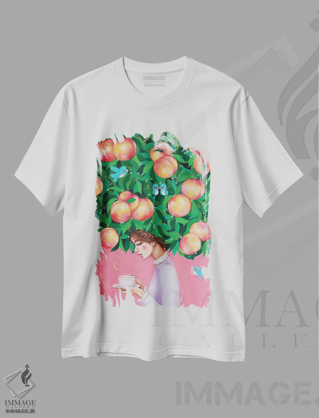 تیشرت سفید طرح دار زمان چای هلو، مدیوم اثر یوری کیم | فروشگاه ایماژ