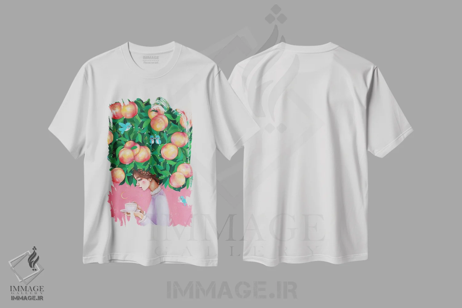 تیشرت سفید طرح دار زمان چای هلو، مدیوم اثر یوری کیم | فروشگاه ایماژ