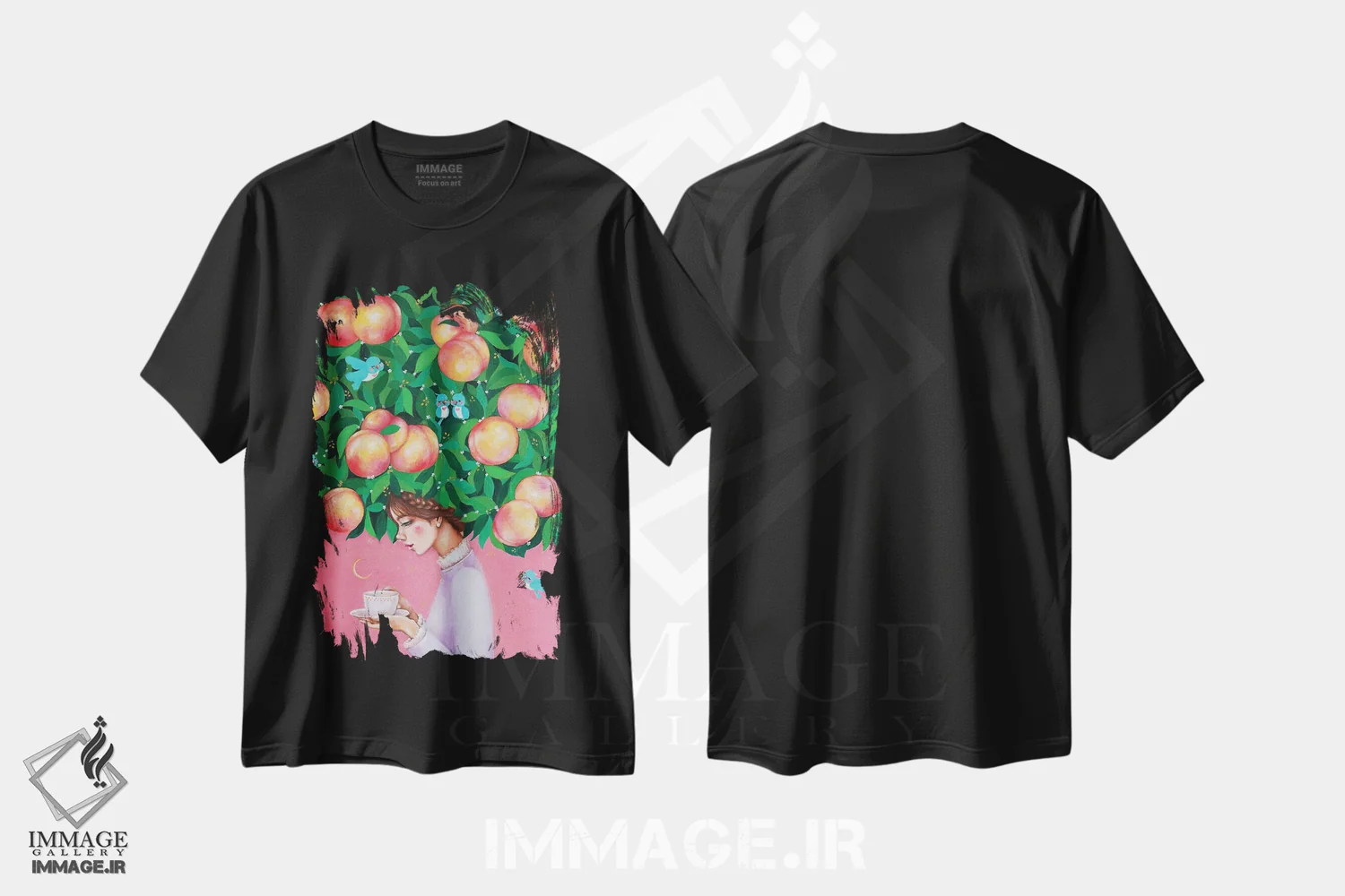 تیشرت مشکی طرح دار زمان چای هلو، مدیوم اثر یوری کیم | immage.ir