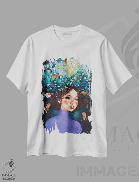 تیشرت سفید طرح دار دختر رانچو با مرواریدها، هنر فاخر معاصر اثر یوری کیم | فروشگاه ایماژ