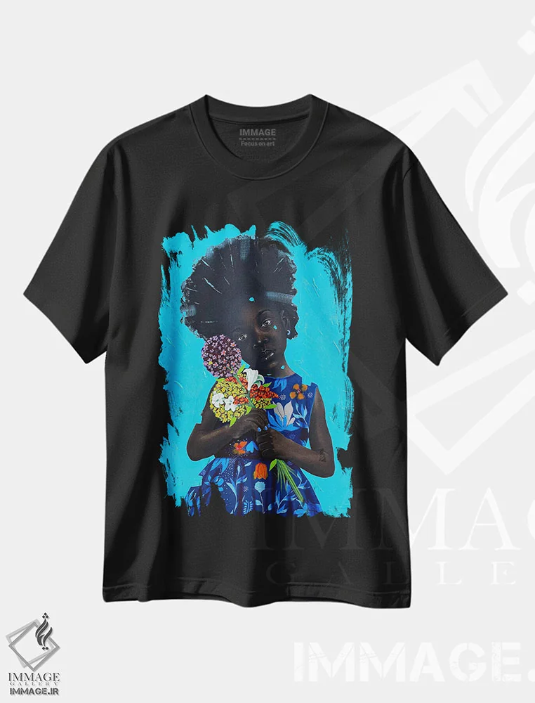 تیشرت مشکی طرح دار گل های ما را بدهید ۲، هنر آمریکایی آفریقایی تبار اثر اییتایو الاگبه | immage.ir