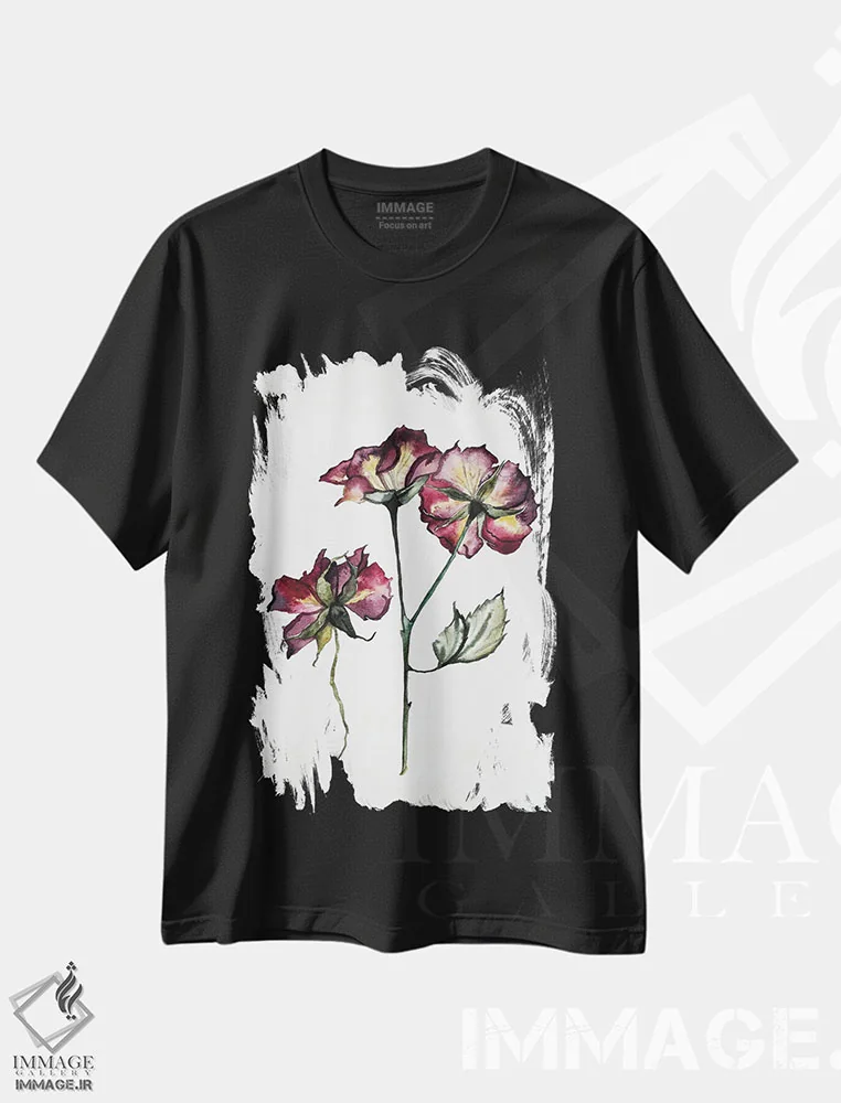 تیشرت مشکی طرح دار رز شماره ۲، هنر فاخر معاصر اثر الیزابت بکر | فروشگاه ایماژ
