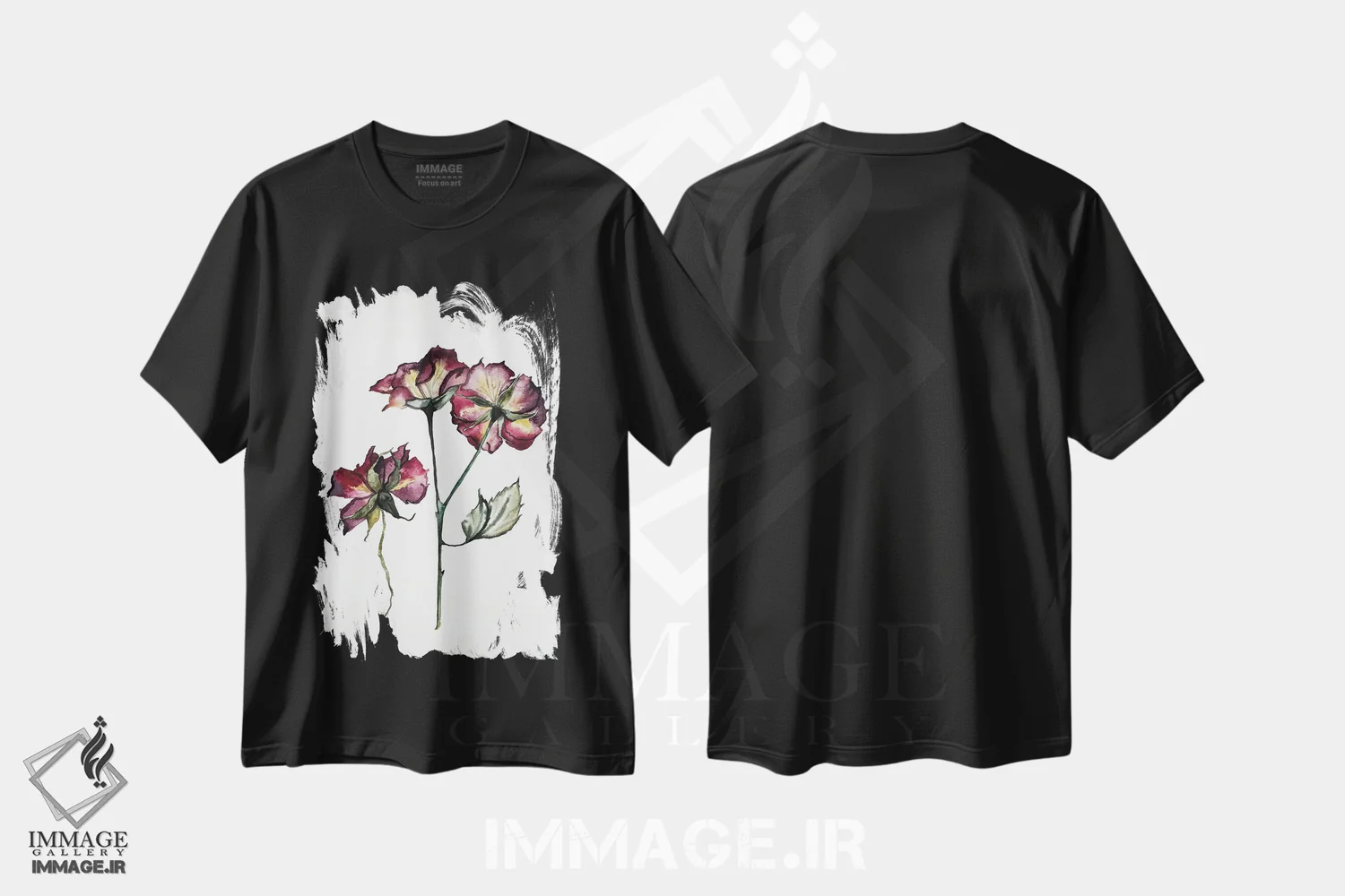 تیشرت مشکی طرح دار رز شماره ۲، هنر فاخر معاصر اثر الیزابت بکر | فروشگاه ایماژ