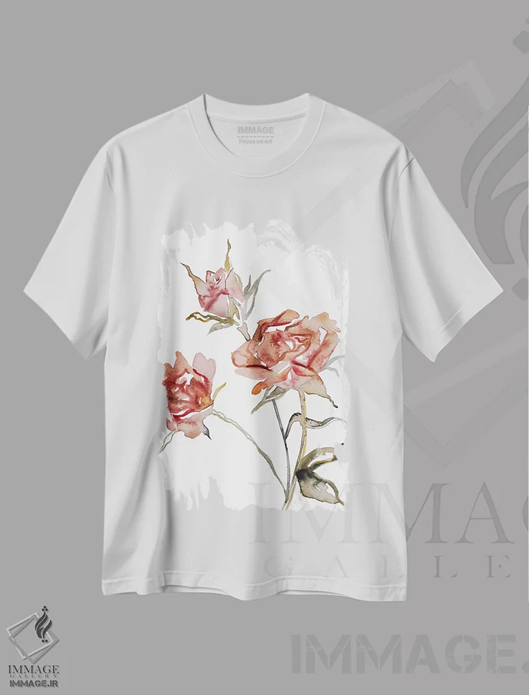 تیشرت سفید طرح دار مطالعهٔ گل رز شمارهٔ ۵۷، هنر فاخر معاصر اثر الیزابت بکر | فروشگاه ایماژ