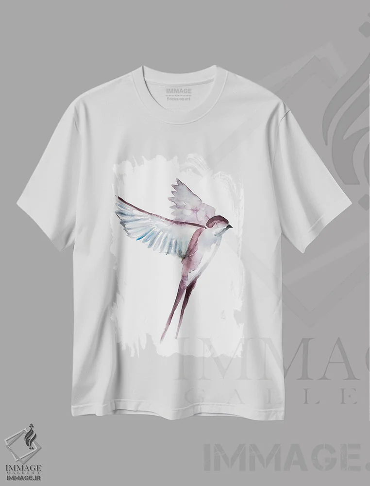 تیشرت سفید طرح دار پرستو شمارهٔ ۴۲، هنر فاخر معاصر اثر الیزابت بکر | فروشگاه ایماژ