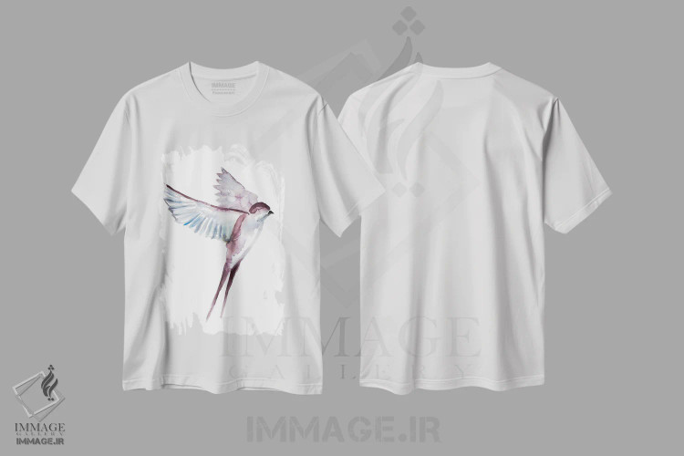تیشرت سفید طرح دار پرستو شمارهٔ ۴۲، هنر فاخر معاصر اثر الیزابت بکر | فروشگاه ایماژ